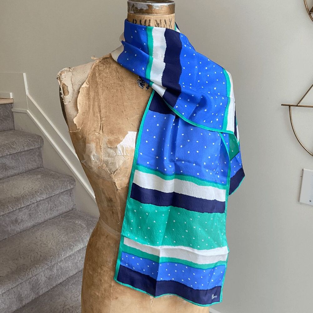 Vintage 1970s Vera Neumann Blue Tone Striped Polka Dot Print 100% Silk Long Scar